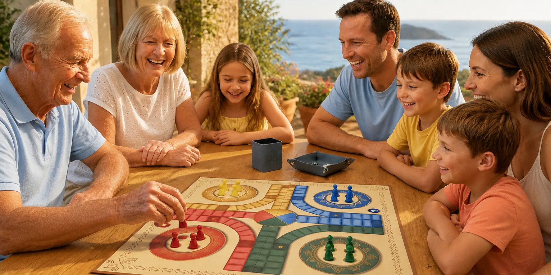 Three generations of a family playing at a table by the sea: grandparents, parents and children