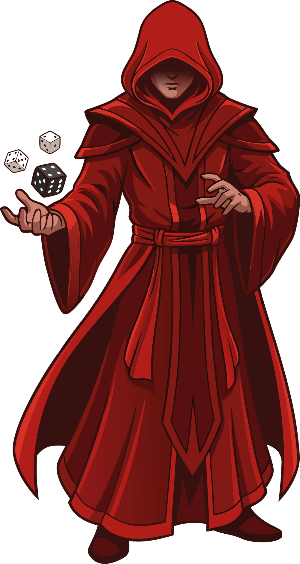 The Parki: a hooded figure in a burgundy cloak tossing three dice