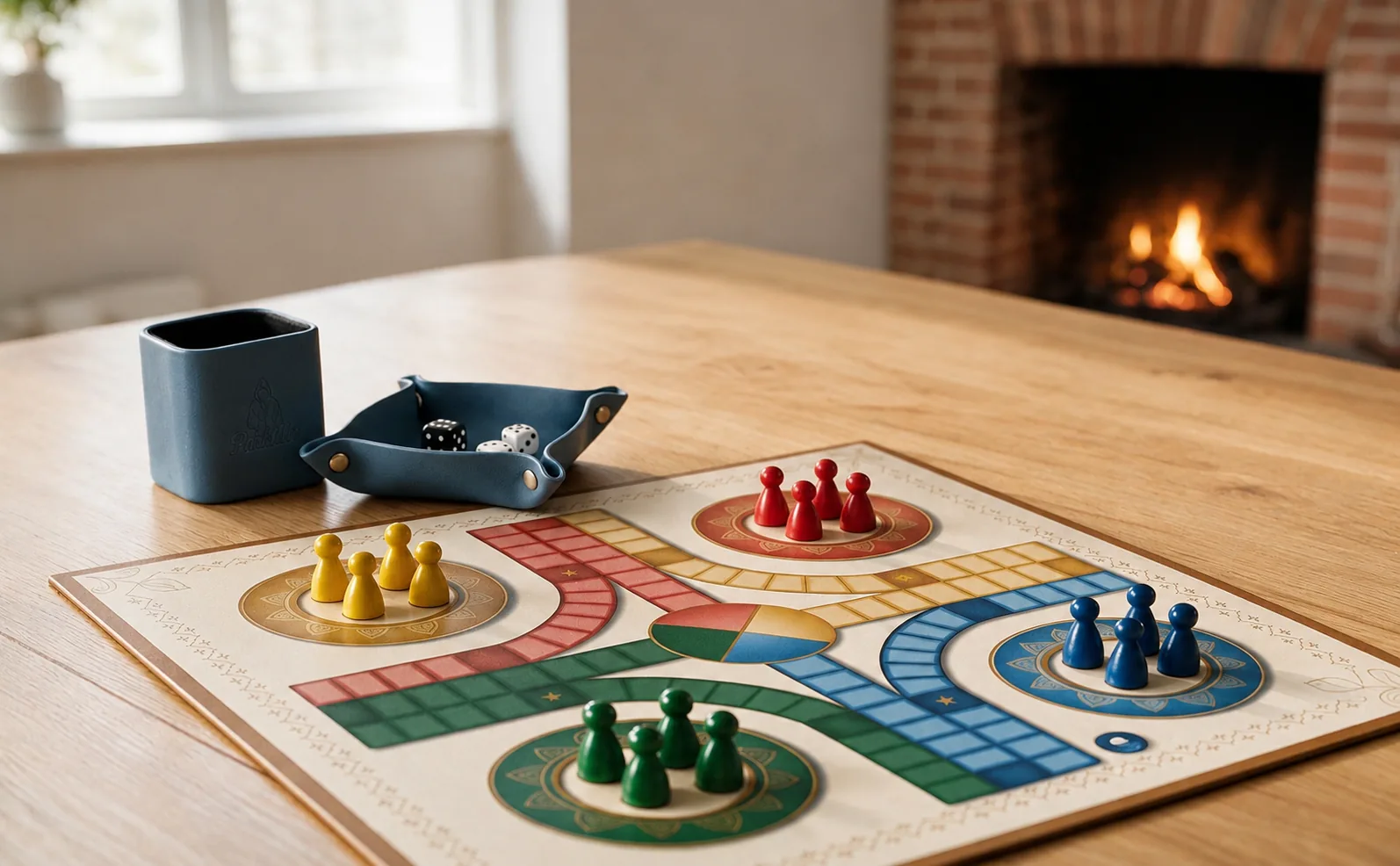 A game laid out on a warm wooden table by a fireplace